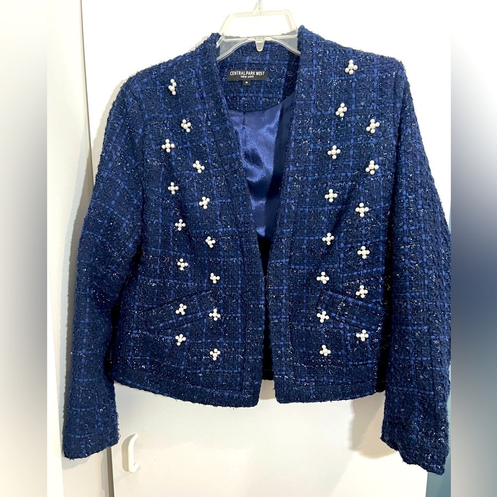 Central Park West Navy Tweed Pearl-Embellished Cropped Blazer Medium EUC